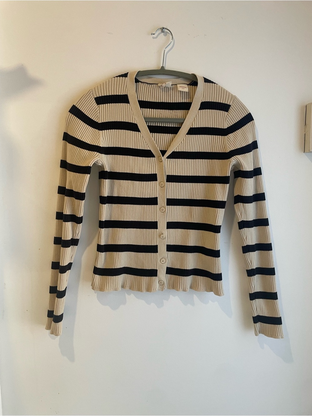 Levi's Beige and Black Striped V-Neck Button Cardigan